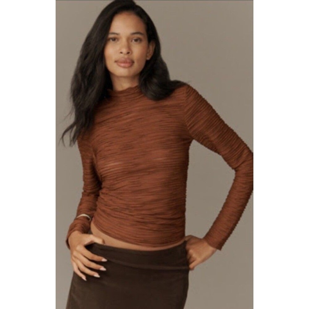 Anthropologie PILCRO METALLIC TEXTURED TURTLENECK TOP Dark Orange Brown Sz XXS